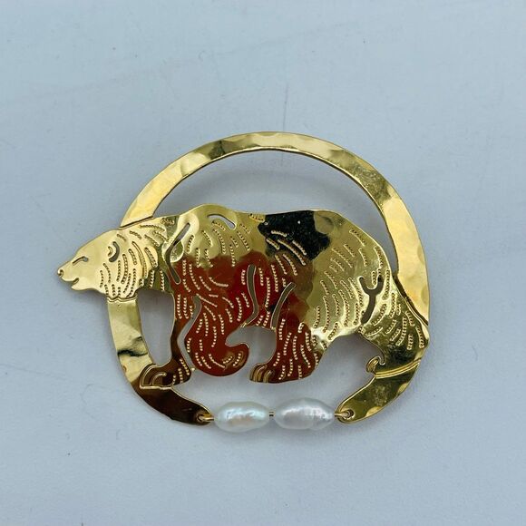Jewelry - Wild Bryde Polar Bear Brooch Pin Pearl Cutouts P22 Gold Tone